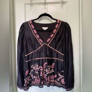 Sundance Black Blouse with Pink Floral Detail - Size P8